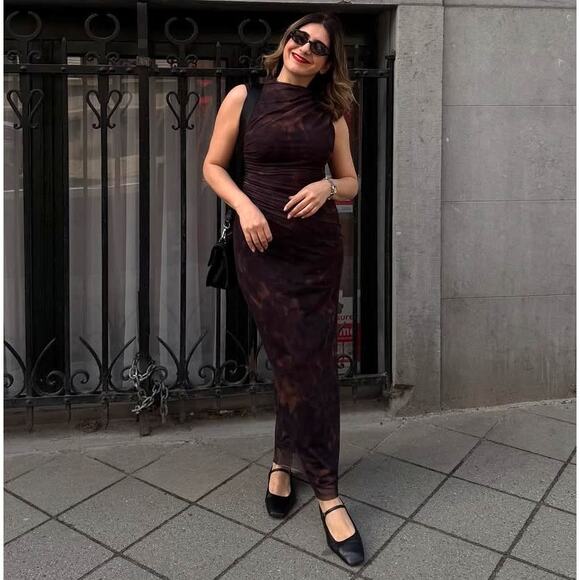 ZARA Fitted High Collar Draped Midi Dress NWT | Brown Bodycon - Picture 11 of 16